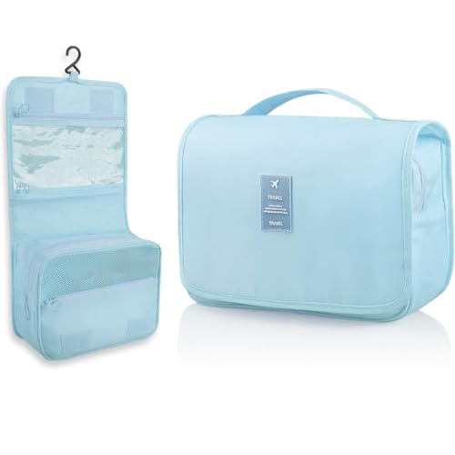 Sprqcart Hanging Toiletry Bag for Travel – Large Makeup Organizer Pouch – Professional Cosmetic Storage Case – Grooming Kit with Compartments for Toiletries, Beauty Essentials, and Accessories | Blue