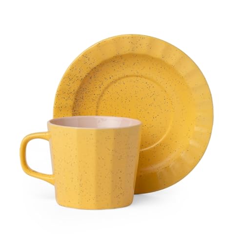 Image of Clay Craft Fine Ceramic Armada Mustard & Pink Cups & Saucer, Set of 12, Cups for Tea & Coffee, Gift Set, Elegant Design for Home and Kitchen and Can Be Gifted to Your Loved Ones On Any Occassions