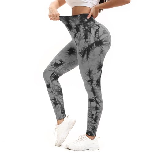Shgiloo Tie Dye High Waisted Seamless Women's Yoga Leggings Soft Tummy Control Workout Leggings for Gym Athletic Plus Size Gray