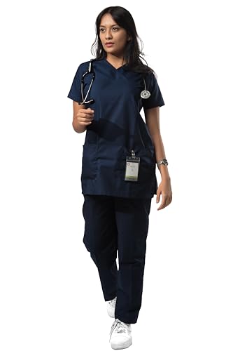 Image of UNIFORM CRAFT Women's 4 Pocket Scrub Suit Set | Medical Uniform | Cross V-Neck Poly Cotton | Short Sleeve Hospital Wear | Ideal for Doctors & Nurses (Olive Blue, L)