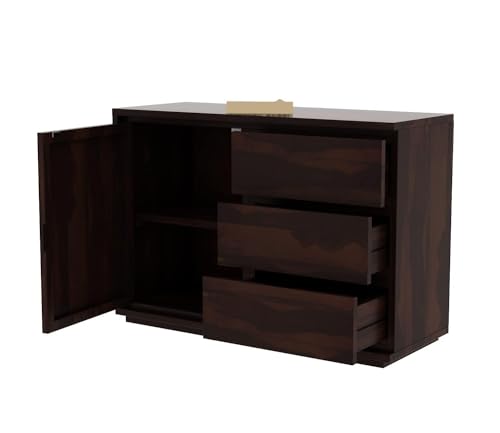 Image of Solid Sheesham Wood Walnut Finish 3 Drawer & 1 Door Chest Cabinet Storage Organizer Sideboard Console Cupboard Kitchen Buffet Unit Home Furniture for Office Living Bed & Dining Room
