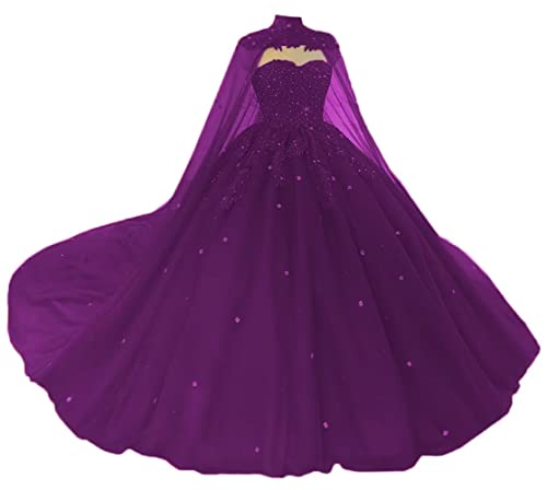 Women's Puffy Tulle Quinceanera Dresses with Cape Lace Sequins Prom Dresses Sweetheart Beaded Ball Gown for Sweet 15 16