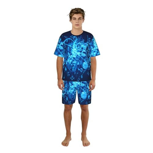 Pyjama 2 pièces manches courtes homme imprimé notes de musique bleues