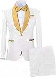 Jacquard Groom Tuxedos Groomsmen One Button Gold Shawl Lapel Formal Best Man Blazer Pant Men Wedding Suits (Color : White, Size : 36)
