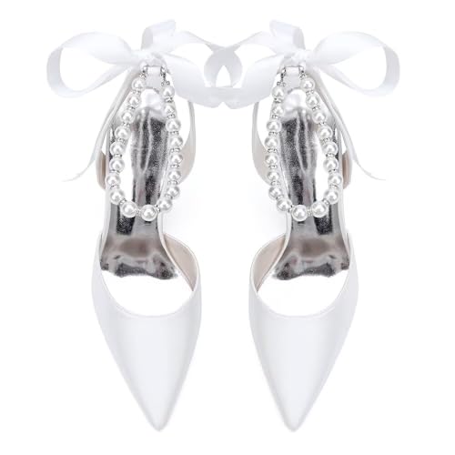 Women's Pearl Wedding Shoes for Bride Slingback Heels for Women Satin Pointy Toe Bridal Stiletto Pumps2