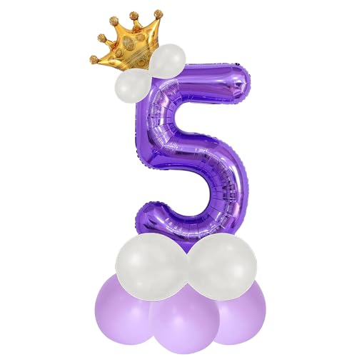 Image of Purple 5 Number Foil Balloon with Crown & Base Balloons | 32 Inch Helium Supported for Birthday, Anniversary, Baby Shower Decoration - Pack of 14