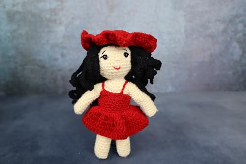 Image of Sutra Handmade Crochet Doll for Girls 3-10 Years | Amigurumi Soft Toy in Red Dress with Hat | Washable, Handcrafted Plush Doll | Perfect Birthday & Baby Shower Gift