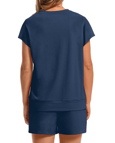 Image of WIHOLL Two Piece Sets for Women Summer Crew Neck Lounge Short Sets Cap Sleeve Drawstring Sweatsuit with Pocket
