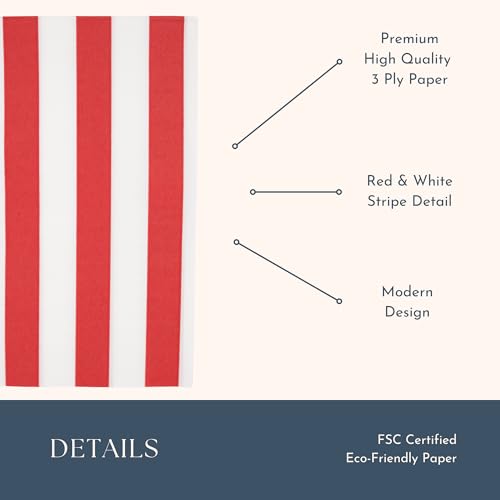 Image of Bonjour Fete Red Cabana Stripe Paper Guest Towels | Disposable, 3-Ply Napkins | Premium Party Supplies & Decorations | Holidays, Kids Themed Birthday Parties | Pack of 20, 4.25 inch x 7.75 inch