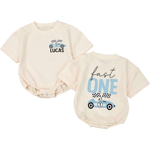 DAZANO Personalized Fast One Race Car First Birthday Outfit Boy, Custom 1st Birthday Boy Bubble Romper, Race Car One Year Old Boys Bday Gifts, 1 Year Photoshoot Cake Smash Bodysuits 0-24 Months Baby