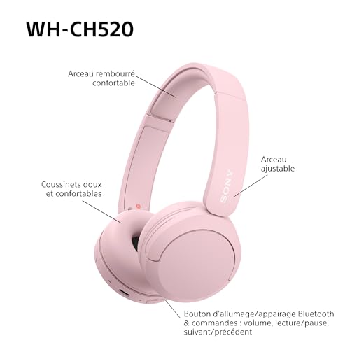 Sony WH-CH520 - Casque Bluetooth sans Fil, Multipoint, Micro intégré - jusqu'à 50 Heures d'autonomie et Charge Rapide - Rose