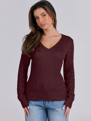 Image of ANRABESS Women's Cable Knit V Neck Fitted Sweaters