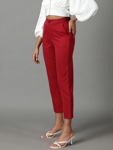 Image of SHOWOFFFF Women Solid Formal Trousers | Cotton Trouser for Womens | Mid-Rise Mom Fit Regular Length Trousers for Women's