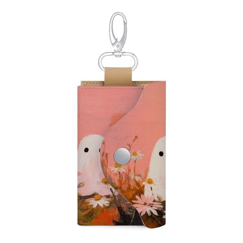 Three White Ghosts in The Field with Daisies Key Holder Bag PU Leather ID Card Holder Keychains Case Cover for Men Women