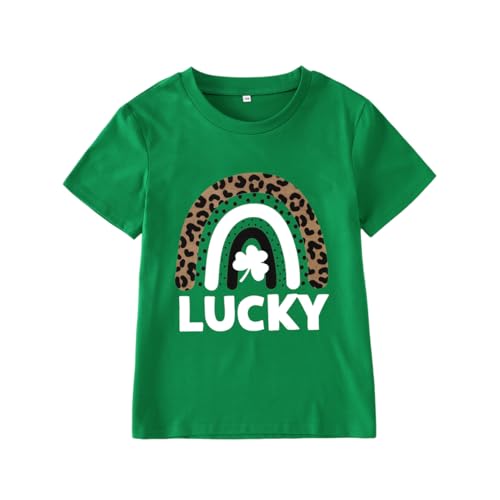 Image of MODNTOGA Kids Girl St Patricks Day Shirt Leopard Rainbow Graphic Tee Lucky Shamrock T-Shirt Green Clover Short Sleeve Tops