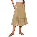 Witsmile Womens Skirts Midi Length with Pockets Flowy Skirts for Women Trendy Summer Beach Cover-Ups(Khaki,M)
