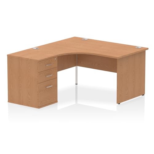 Image of Dynamic Impulse 1400mm Left Crescent Office Desk Oak Top Panel End Leg Workstation 600 Deep Desk High Pedestal