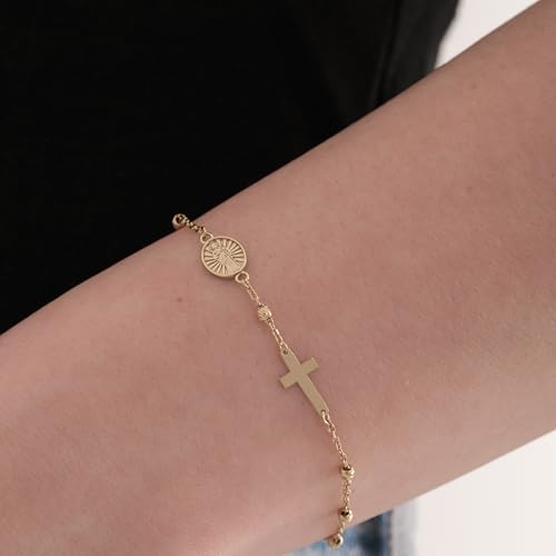 Image of MIONZA Catholic Medal Cross Bracelet for Women | 14K Gold Plated or Solid Gold, Religious Rosary Jewelry, Choose Your Saint Medal Bracelet