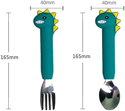 Topways Toddler Silicone Fork and Spoons Set, Baby Training Self Feeding Utensil Easy Grip Toddler Cutlery Kit for Baby Led Weaning (Long Green)