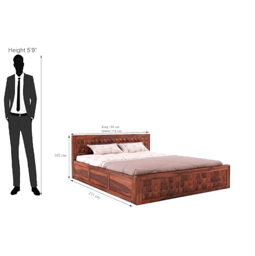 Image of Solid Sheesham Wood King Size Bed with Box Storage and Headboard | Wooden Double Bed Cot Palang Furniture for Bedroom, Living Room, Guest Room, Home and Hotel (Walnut Finish-1 Year Warranty)
