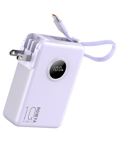 ROCKYA Portable Charger with Built-in Cables,LED Display and AC Wall Plug,USB C PD 22.5W Fast Charging Power Bank,Travel Essentials 10000mAh Battery Pack Compatible with iPhone,iPad,Samsung,etc
