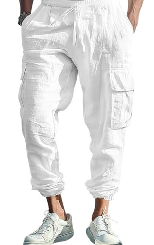 OLIPHEE Pantalon Cargo Homme en Lin Taille Elastique Pantalon de Travail Homme avec Cordon de Serrage et Poches Décontracté Respirant Sportswear Blanc L
