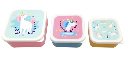 Puckator Unicorn Magic - Juego de 3 fiambreras para almacenamiento de aperitivos S/M/L, lonchera con múltiples compartimentos, recipientes pequeños para alimentos, lonchera para adultos y niños,