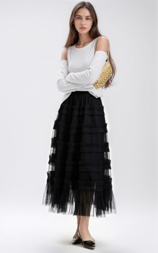 Tulle Skirts for Women Long Length Tutu Fairy Tiered Skirt A Line Mesh Elastic Waist Skirts4