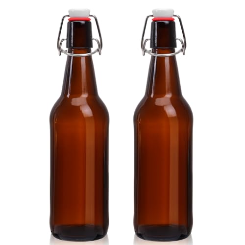 Ldylayi 16oz 2 Pack Amber Glass Beer Bottles with Airtight Rubber Seal Flip Caps Swing Top Glass Bottles for Home Brewing Kombucha Beverages Oil Vinegar Vanilla Extract Water Soda Kefir