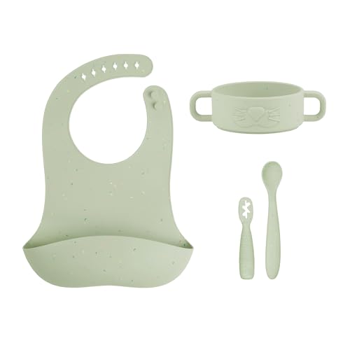 Set primi pasti Babymoov Mini Arty: set da 4 pezzi in silicone, ciotola per bambini, 2 cucchiai per bambini, bavaglino per lo svezzamento, a partire dai 4 mesi Set regalo ideale