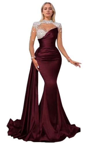 MUSHARE Women's One Shoulder Bodycon Dress - Sleeveless Mermaid Cocktail Dress With High Split, Red, X-Large - View #5