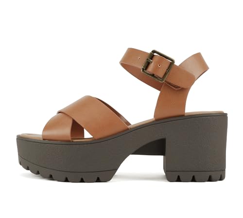Image of Soda inchJoey inch ~ Women Open Toe Criss Cross Strap Mid Heel Sandal with Adjustable Ankle Strap