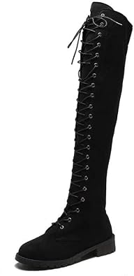 SACFOF Womens Over The Knee High Low Block Heel Riding Boots Suede Chunky Low Heel Lace up Boots Stretch Winter Long Boot