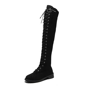 SACFOF Womens Over The Knee High Low Block Heel Riding Boots Suede Chunky Low Heel Lace up Boots