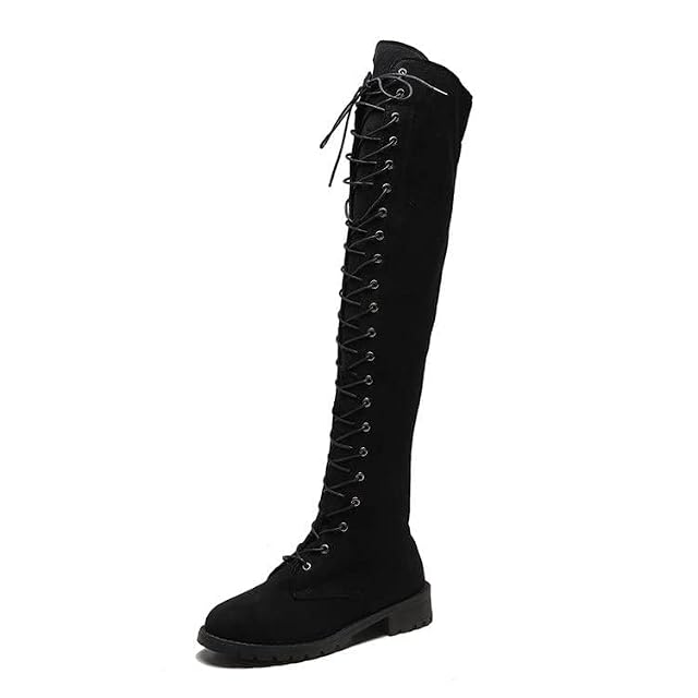 SACFOF Womens Over The Knee High Low Block Heel Riding Boots Suede Chunky Low Heel Lace up Boots