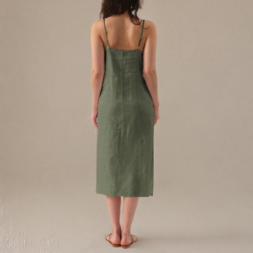Image of Amazhiyu Women's Pure Linen Summer Midi Split Slip Dress | V Neck, Spaghetti Strap, with Pockets