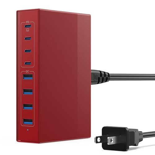 105W USB C Charger Block, 8-in-1 GaN III USB C Charger Fast Charging Station Hub, PD 65W Laptop Charger Adapter Travel Charger, for MacBook Pro/Air/Dell XPS/iPhone 15/14/iPad/Galaxy S24 etc. (Red)