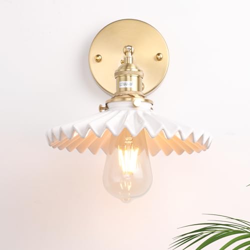 Shenmoyl Vintage Wall Sconce with White Pleated Ceramic Lampshade 180 Degree Adjustable Brass Sconces Wall Lighting Fixture with Switch for Bedside Bedroom Doorway