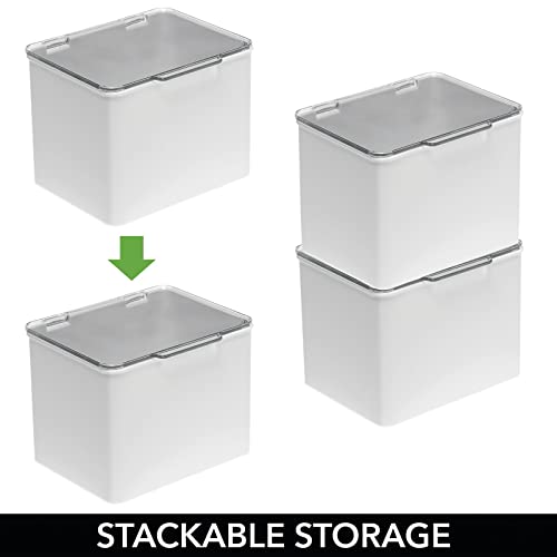 Mdesign Plastic Household Stackable Storage Organizer Box Containers W/Hinged Lid For Bedroom, Bathroom, Entryway, Hallway, Kitchen, Garage, Playroom, Craft Room, Lumiere Collection, Stone Gray/Clear #TOP2