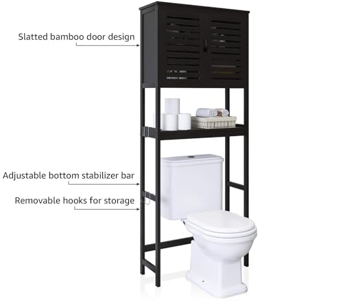 SMIBUY-Bathroom-Over-The-Toilet-Storage-Cabinet-2-Door-Bamboo-Cabinet-Organizer-Freestanding-Space-Saver-Toilet-Rack-with-Adjustable-Inside-Shelf-and-Open-Shelf-Black SMIBUY Bathroom Over The Toilet Storage Cabinet 2 Door Bamboo Cabinet Organizer Freestanding Space Saver Toilet Rack with Adjustable Inside Shelf and Open Shelf Black