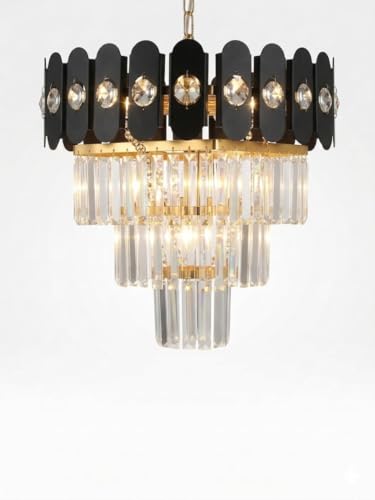 Image of Crystal Chandeliers Black Gold K9 Crystal 3 Tier Round Crystal Chandelier Ceiling Light Fixture for Living Room and Hallway (14 inch)