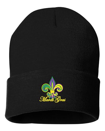 One Size Black Cuffed Mardi Gras Colored Fleur De Lis Embroidered Cuffed Knit Beanie Cap