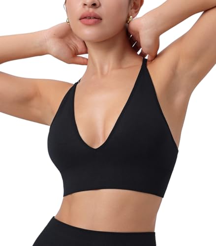 Womens Deep V-Neck Longline Sports Bra, Strappy Criss Cross Padded Cups Adjustable Spaghetti Straps Workout Yoga Crop Top4