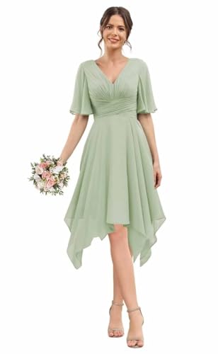 YOFF Women’s Fultter Sleeves Bridesmaid Dresses Short V-Neck A-line Pleated Chiffon Formal Party Dresses YO1123