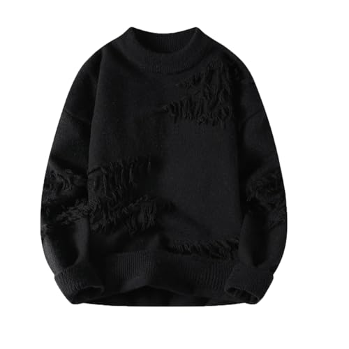 Dcvmvmn Men Winter Fashion Ripped Sweater Streetwear Retro Fringed Sweater Loose Versatile Sweater Black