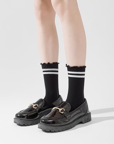 Image of Yawlsow 4 Pairs Ruffle Frilly Striped Socks Women Cute Cotton Coquette Ankle Socks kawaii Lettuce Edge Crew Socks for Girls