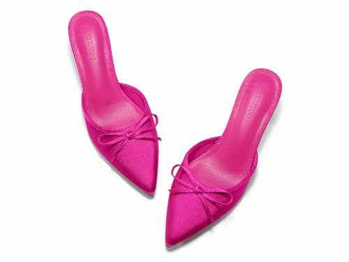 Image of Coutgo Womens Kitten Heels Mules with Bow Satin Slip on Pumps Closed Pointed Toe Dress Wedding Party Shoes