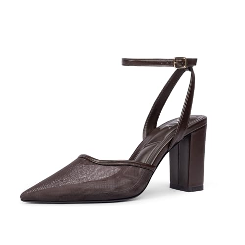 QIY Closed Pointed Toe Heels for Women Chunky Block High Heel Slingback Ankle Strap Pumps for Work Party Prom Wedding