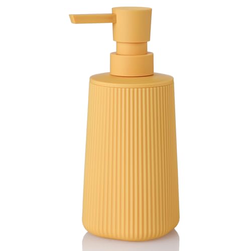 Image of Small Soap Dispenser for Bathroom and Kitchen, Modern Farmhouse Striped Style Plastic Hand Soap Dish Soap Dispenser with Pump Matte Yellow