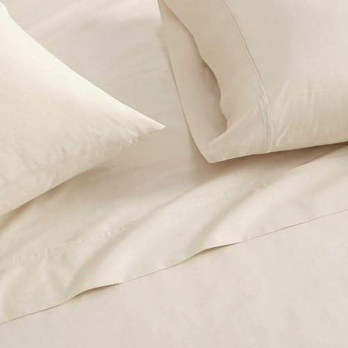 Image of Martha Stewart - Queen Size Sheets Set, Crisp & Tailored Cooling Sheets w /a Naturally Smooth Cotton Percale Lightweight Feel - Matching Pillowcases & Fitted Sheet (Skylands Solid Beige)